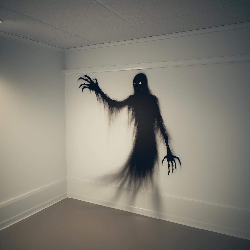 Spooky shadow wall sticker depicting a ghostly figure with glowing eyes and long claws for Halloween decor.