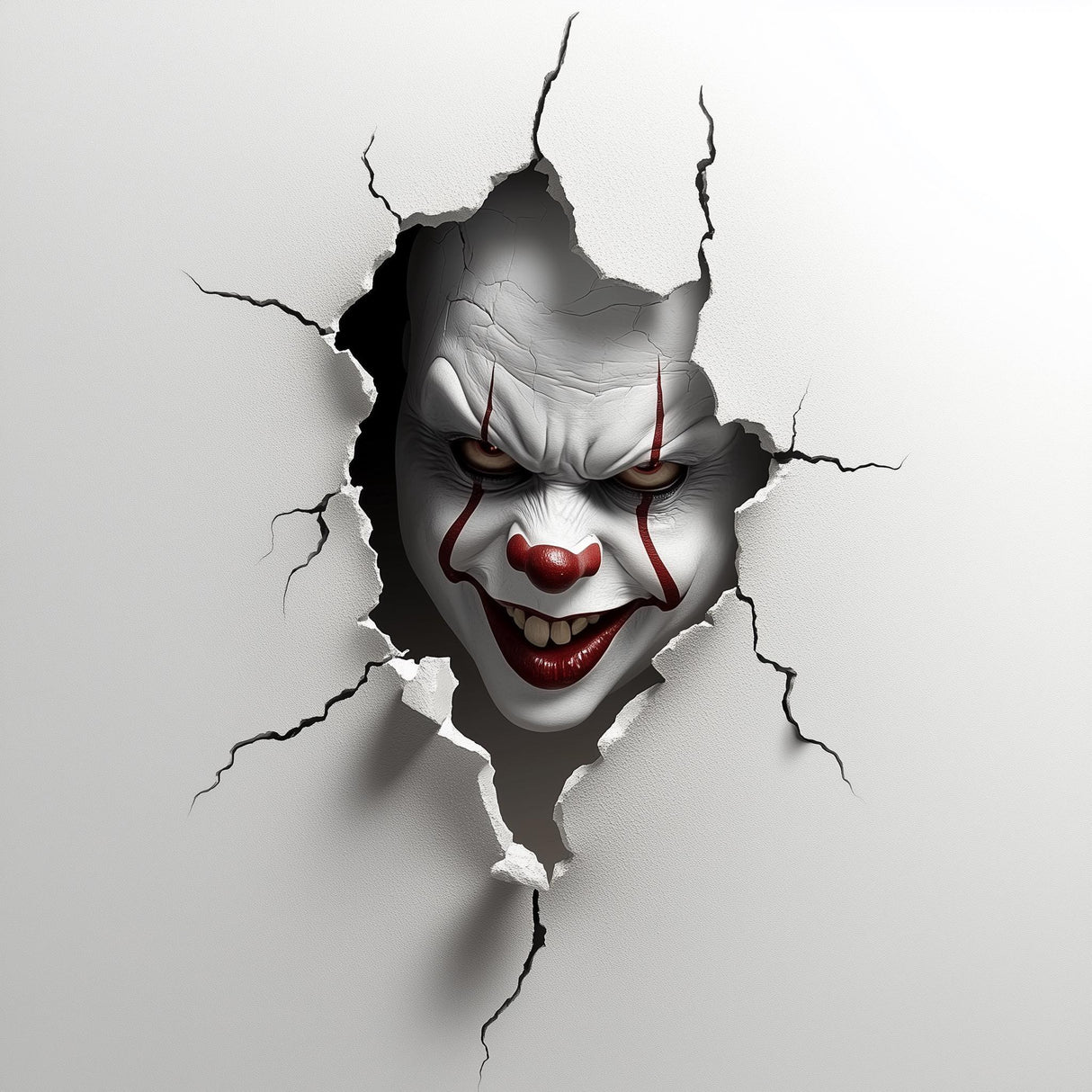 3D evil clown wall sticker breaking through a wall, perfect for Halloween decor and horror-themed rooms.