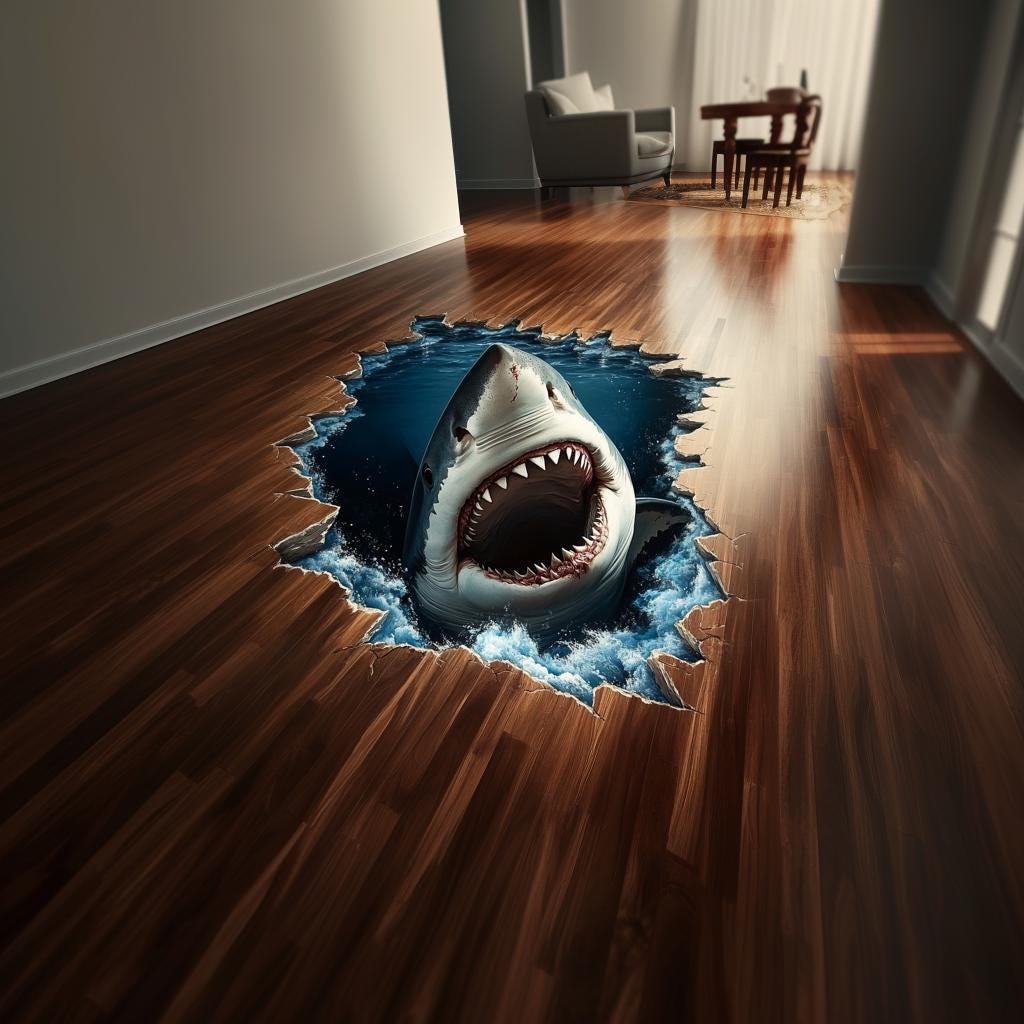 3D shark floor sticker design with realistic shark emerging from ocean on wooden floor, vibrant vinyl decal decoration.