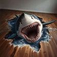 3D shark floor sticker breaking through wood floor, creating an ocean theme mural for exciting home decor.