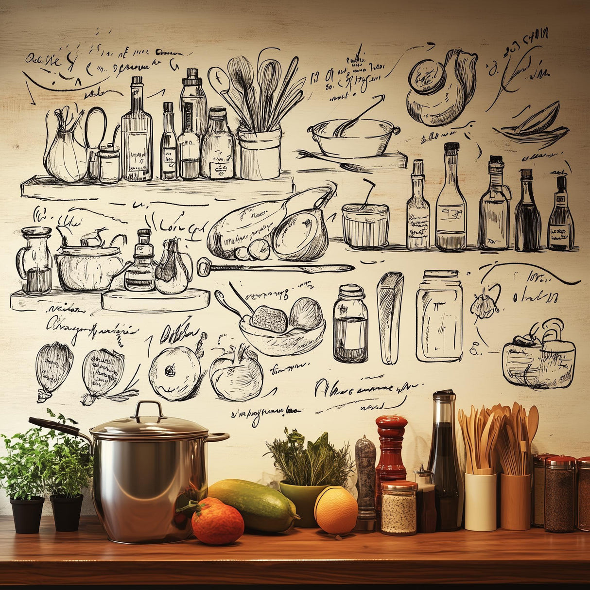 Black kitchen illustration wall sticker with cooking-themed sketches on transparent vinyl, enhancing kitchen decor.