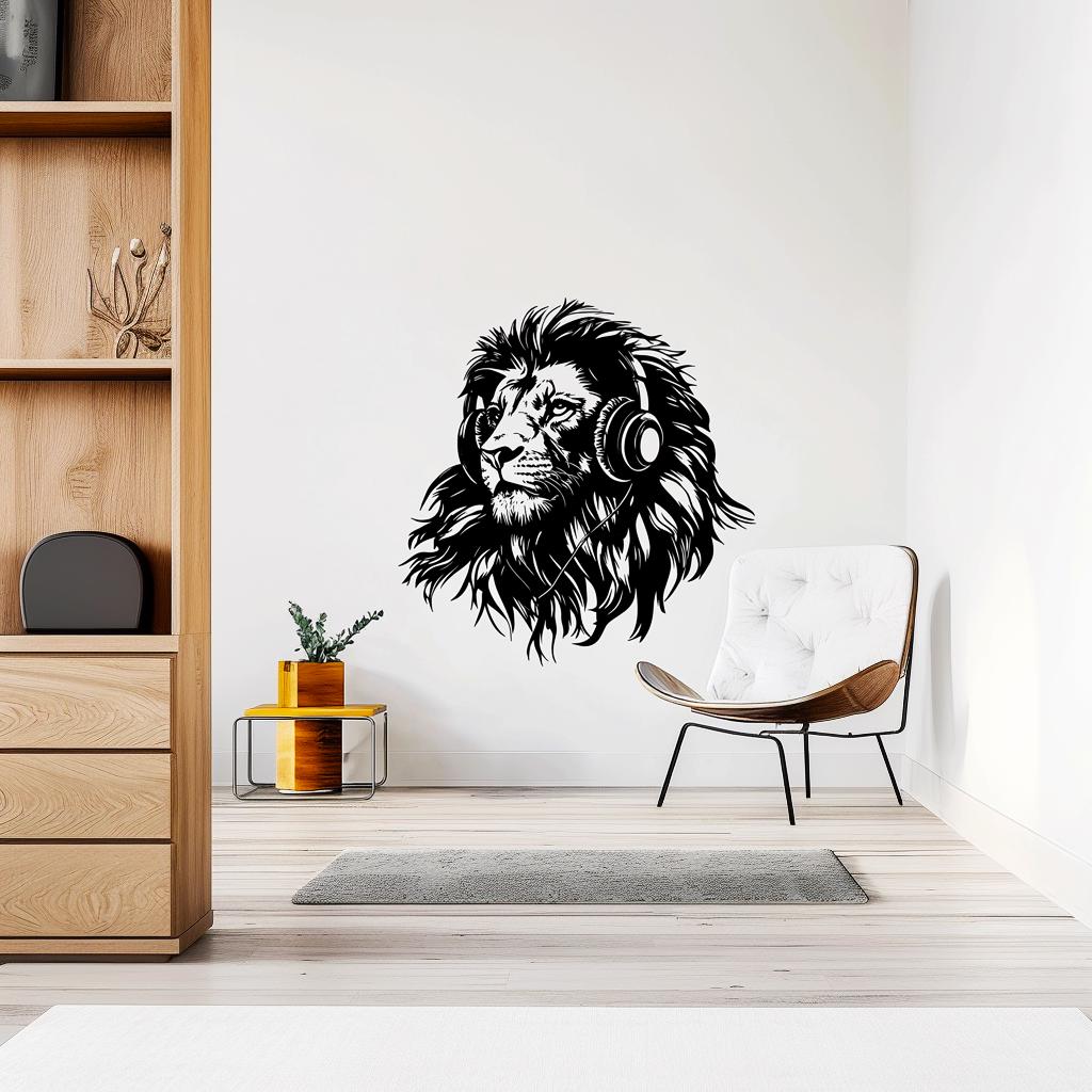 Bold black lion wall sticker with headphones, adding a modern touch to interior spaces.