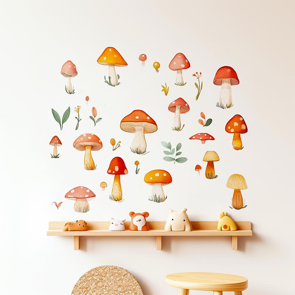 Colorful mushroom wall decals on a nursery wall, featuring whimsical designs and nature-themed decor.