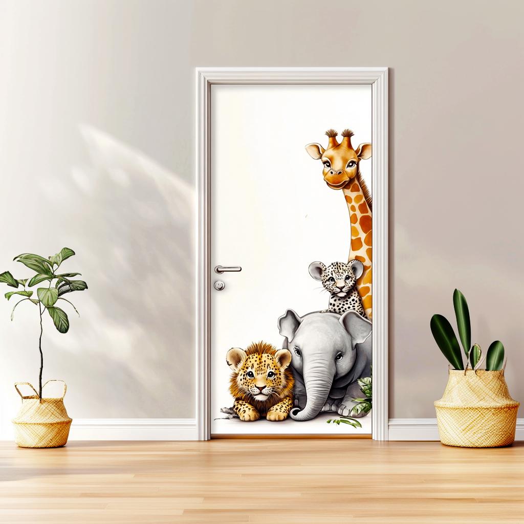 Jungle animal door sticker featuring a baby giraffe, lion, leopard, and elephant in a stylish nursery.