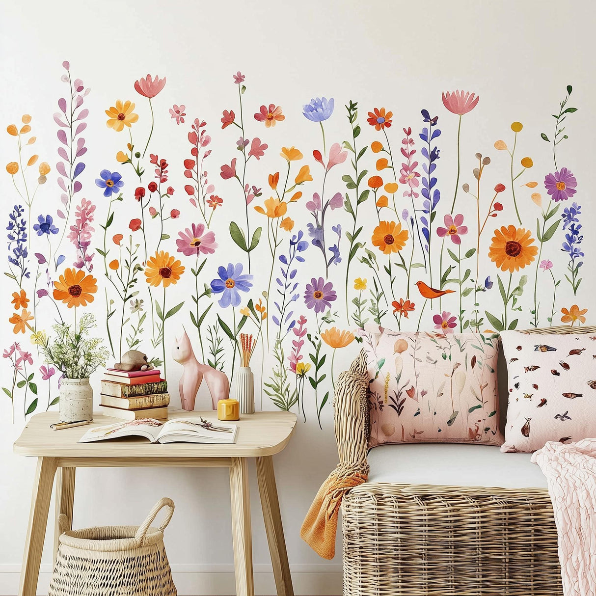 Colorful wildflower wall decals decor design with various flower illustrations for cheerful home interiors.