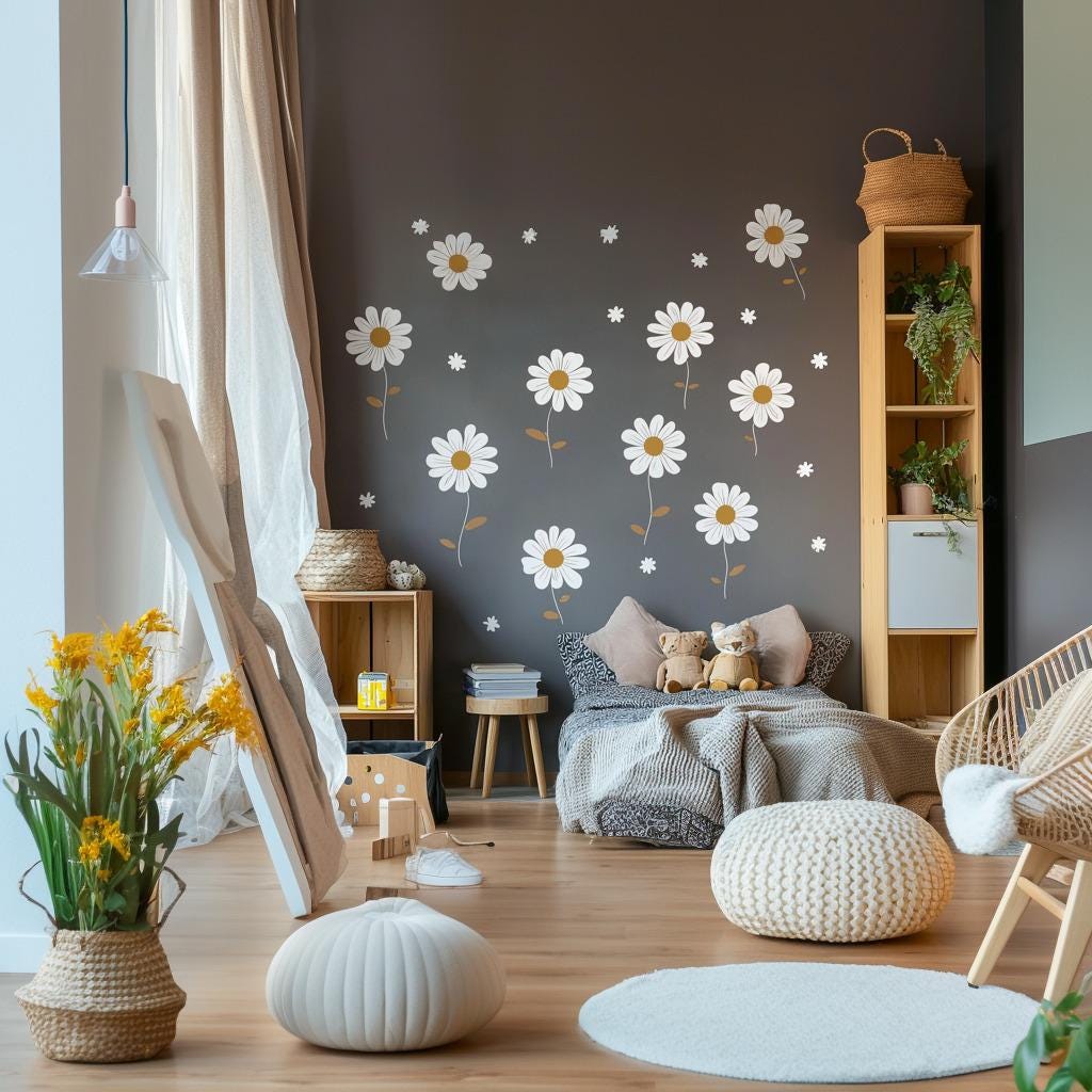 Daisy Flower Wall Decals | Nursery Wall Stickers | Floral Wall Art for Kids Room | Removable Daisy Wall Decor | Boho Flower Wall Stickers