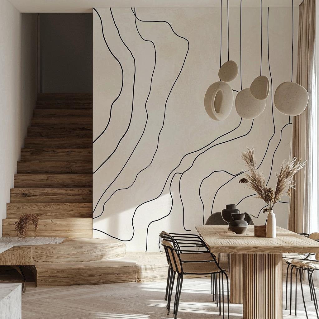 Minimalist Boho stripe wall decal in a modern dining area featuring abstract line art.
