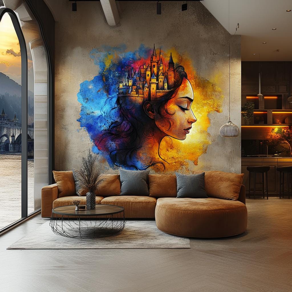 Vibrant woman portrait wall art sticker with castle in hair, enhancing living room decor.