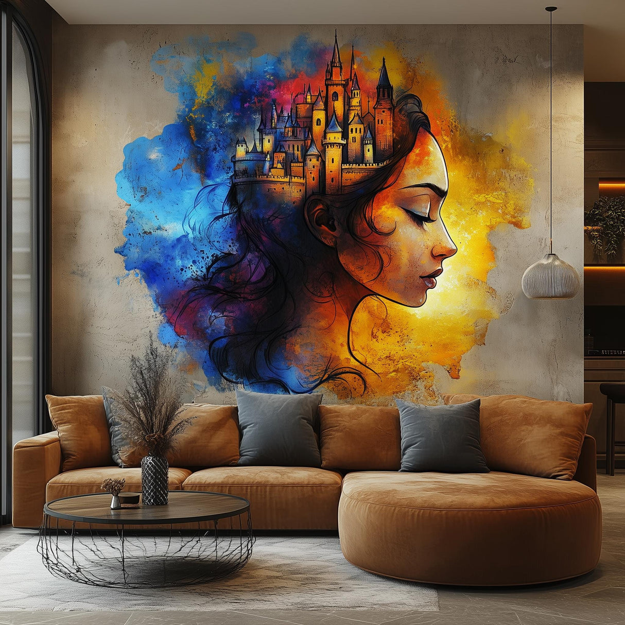 Fantasy castle wall art sticker featuring a vibrant woman's portrait in a modern living room.