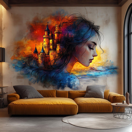 Surreal wall decal featuring a woman's profile and a fantasy castle, creating a dreamy home decor mural.