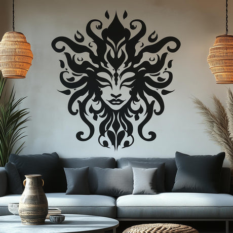 Abstract black and white face wall decal featuring bold patterns, ideal for modern living room decor.