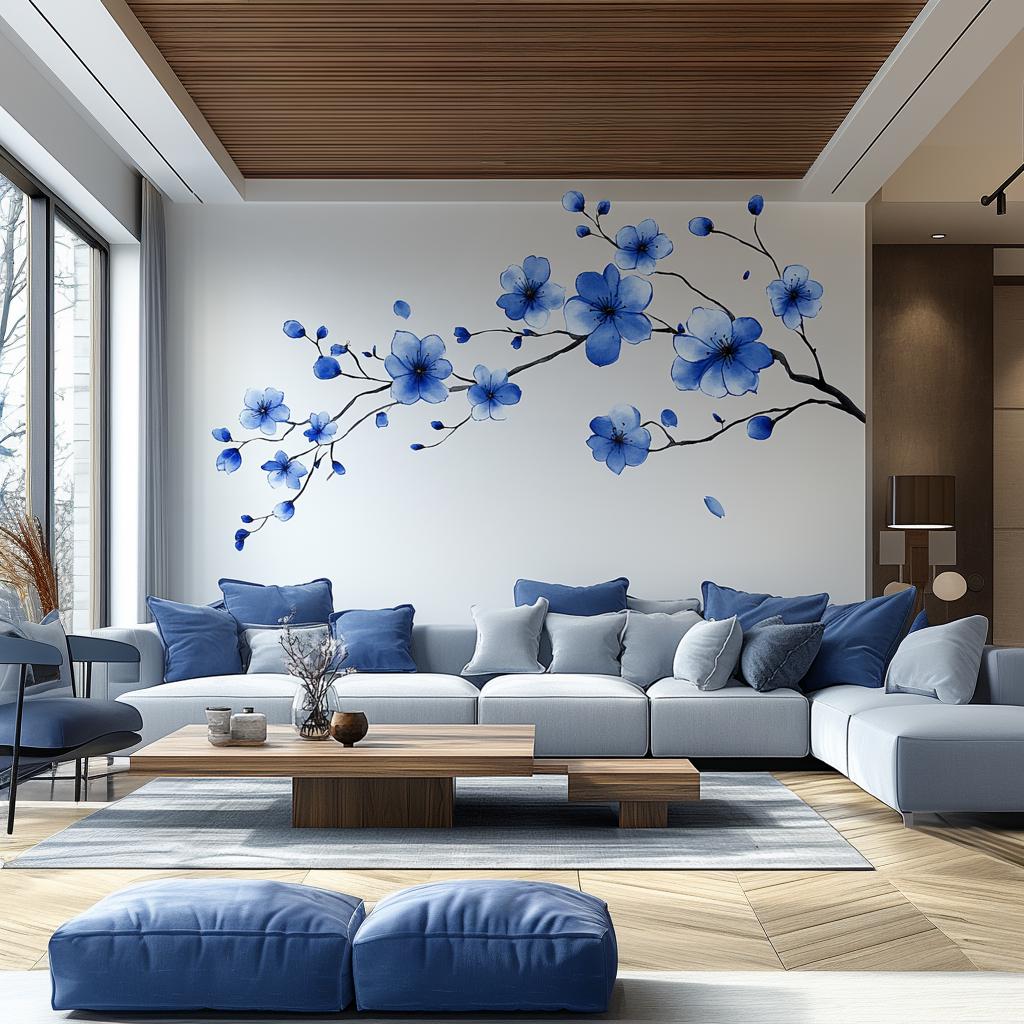 Large blue flower branch wall decal in modern living room, enhancing nature-inspired decor.
