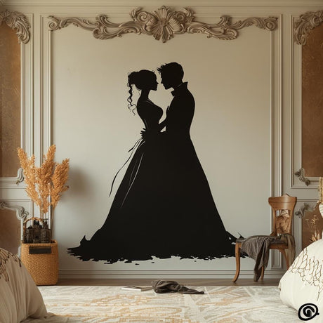 Bride and groom silhouette wall decal in a romantic bedroom setting, perfect for wedding decor.