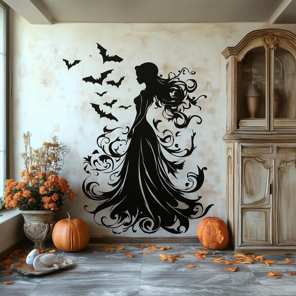 Witch silhouette wall decal with flying bats in a stylish living room with fall decor and pumpkins.