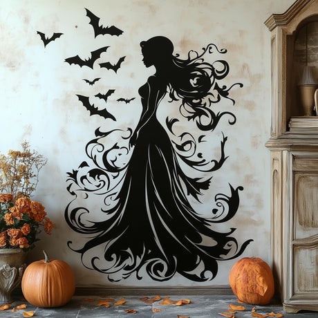 Witch silhouette wall decal with bats, perfect for Halloween decor in living room or bedroom.