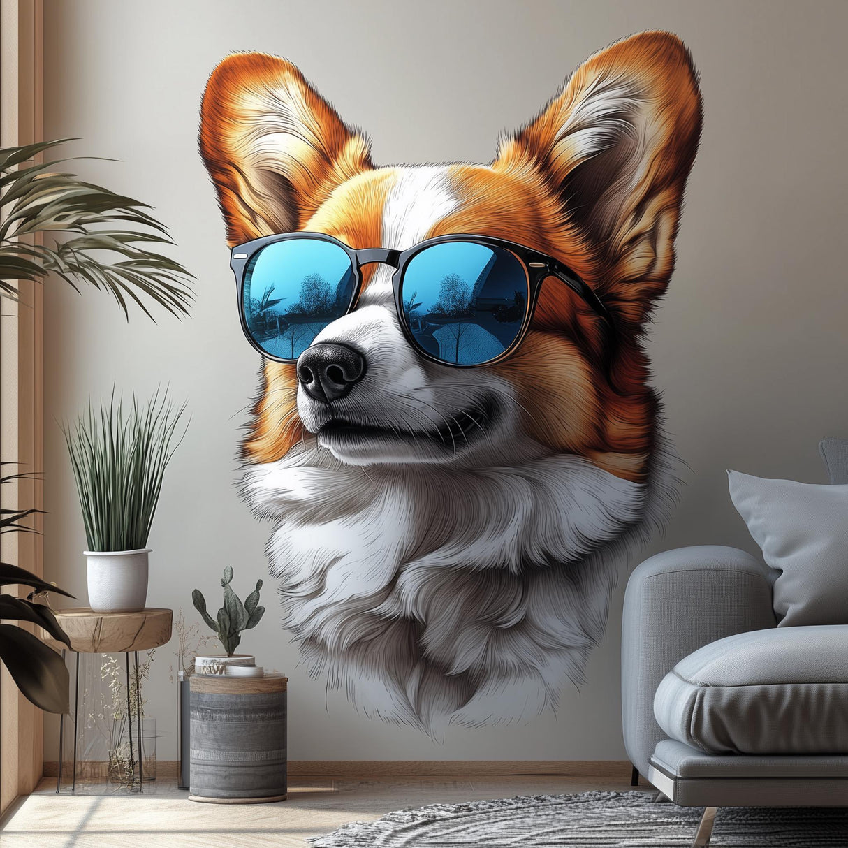 Stylish Corgi wall decal with sunglasses, adding charm to home decor in a cozy living room.