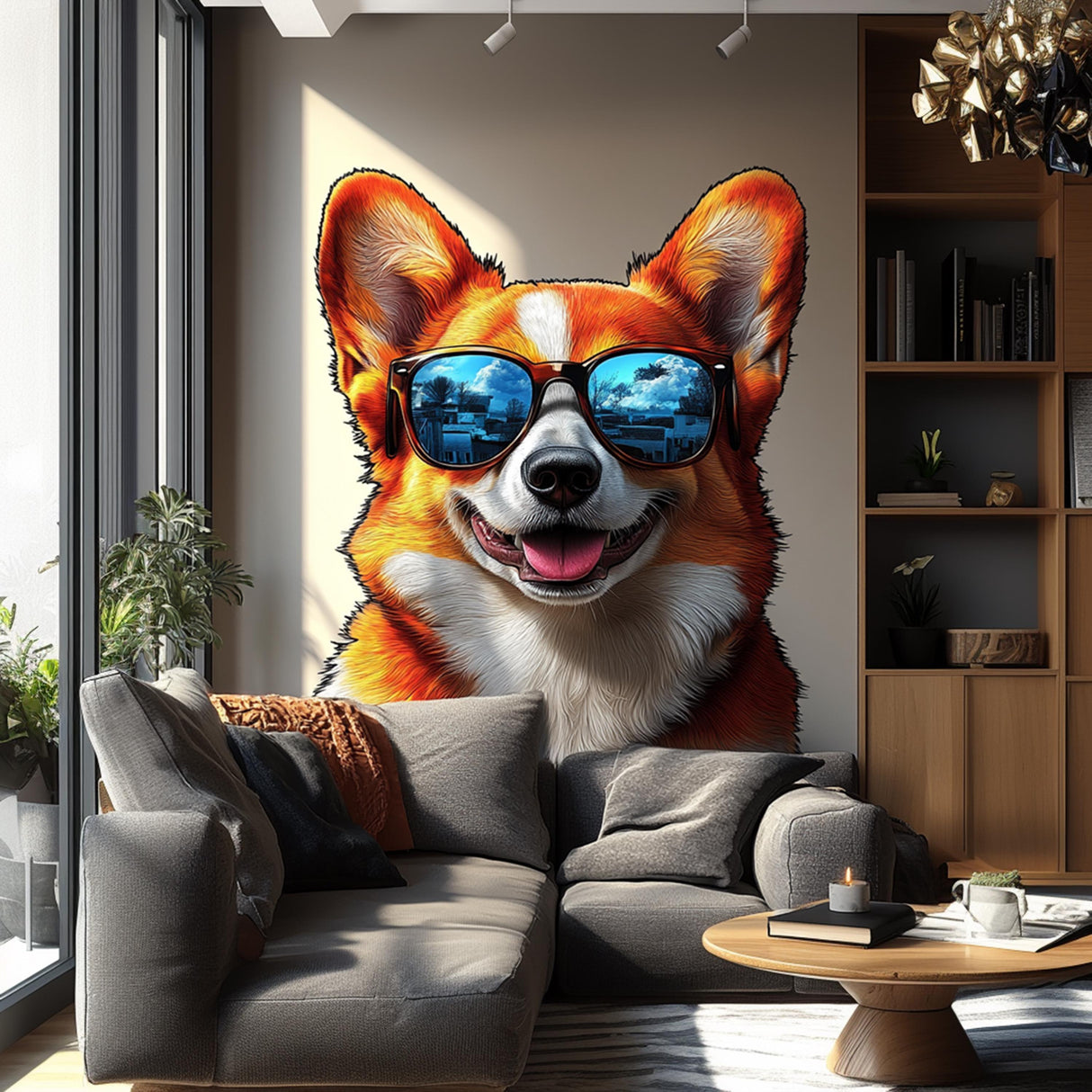 Happy corgi wall decal in sunglasses adorning a stylish living room, adding a playful touch to the decor.