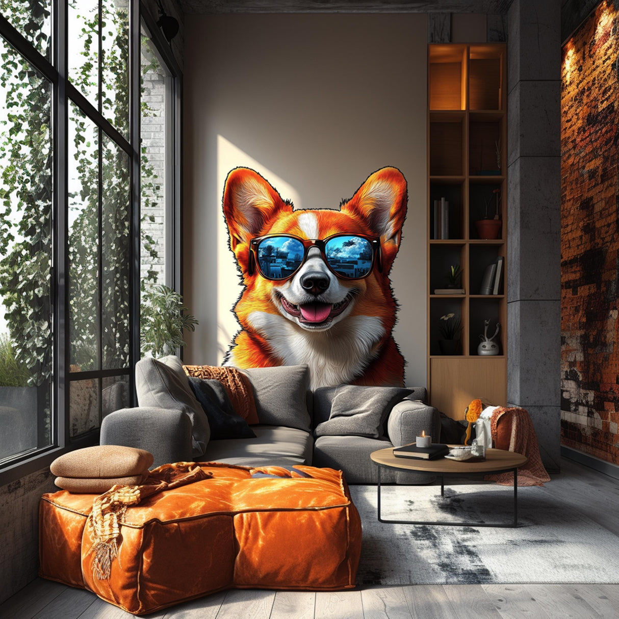 Happy corgi wall decal with sunglasses in a stylish living room setting, adding fun and personality to the decor.