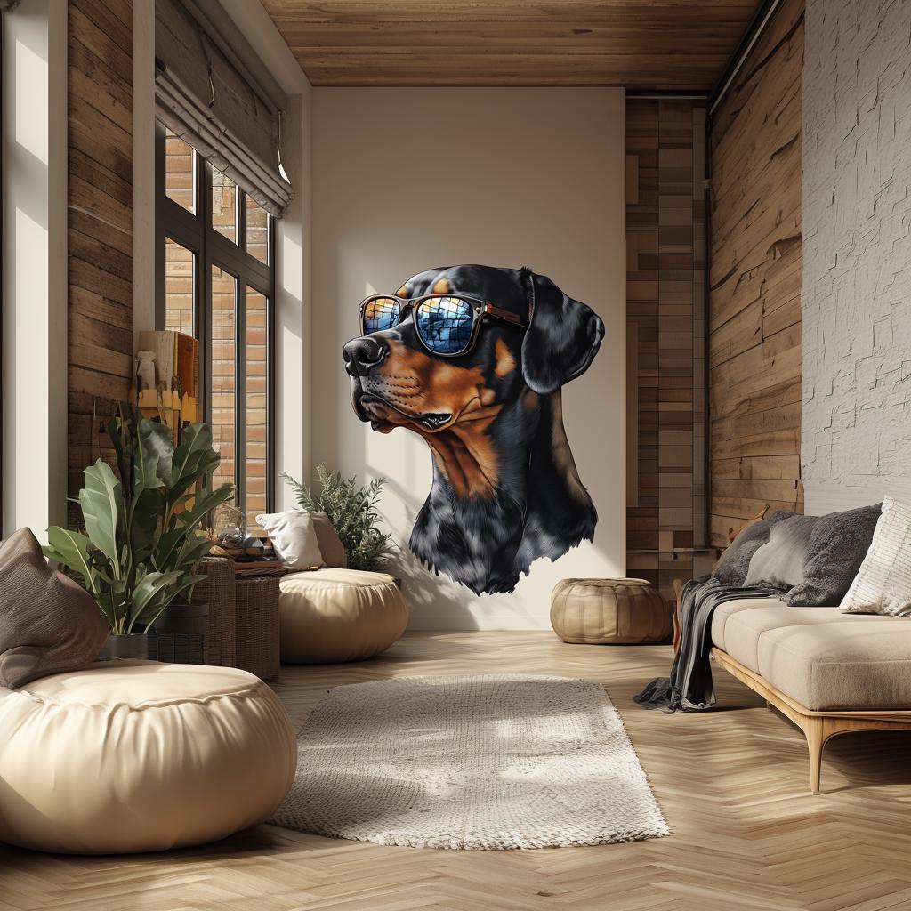 Rottweiler wall decal with sunglasses in a stylish living room setting, adding a quirky pet-themed decor.