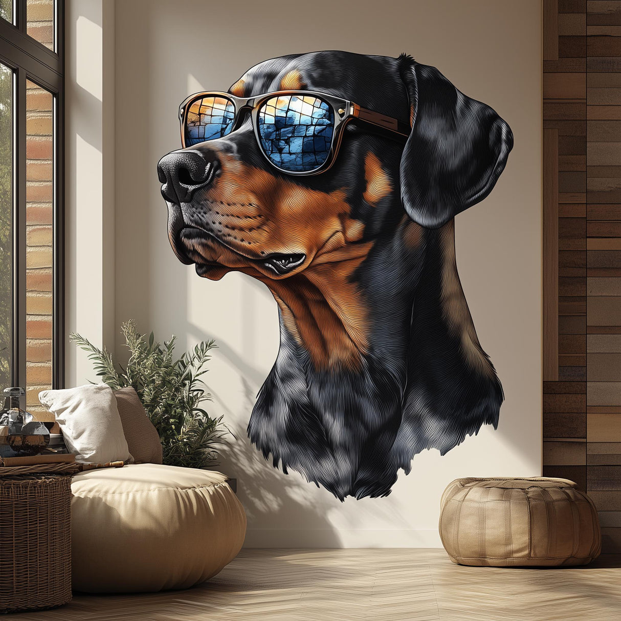 Rottweiler wall decal wearing sunglasses, stylish dog art for living room or kids room decor.