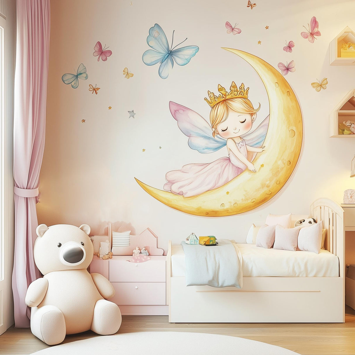 Fairy Princess on the Moon wall decal in pastel nursery with butterflies and teddy bear.