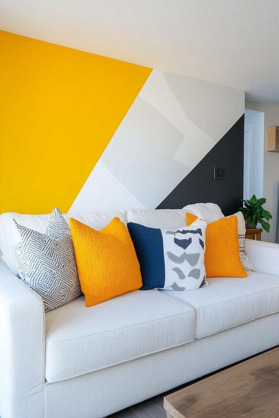 Living room with white sofa and colorful geometric wall decal in yellow, black, and gray.