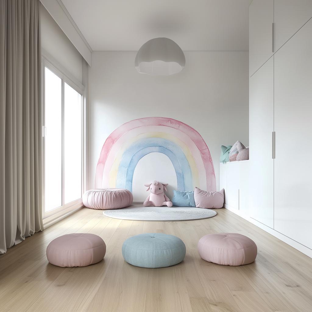 Pastel rainbow wall decal in a bright kids' room with soft seating and cheerful decor.