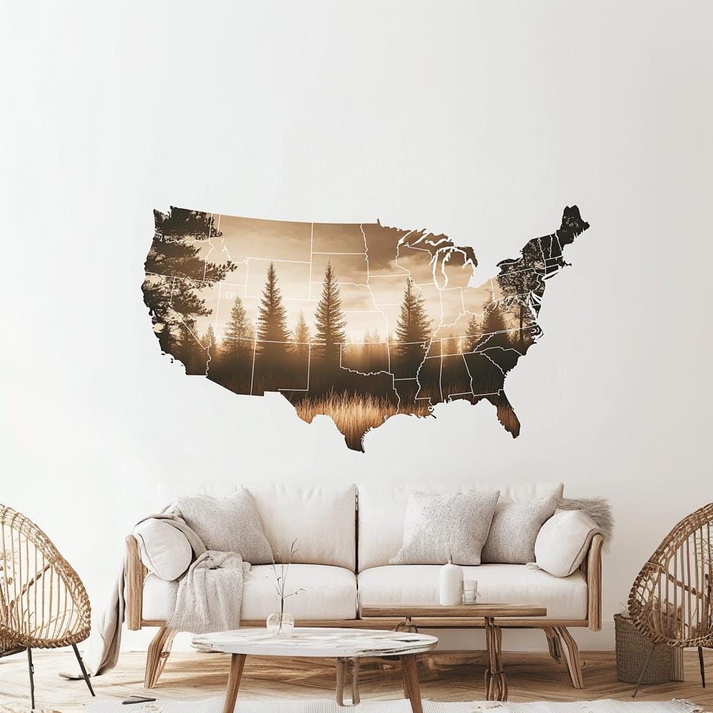 USA Map Wall Decal | Scenic Landscape United States Map Sticker | Removable Wall Art for Living Room, Office, or Travel-Inspired Mural Decor