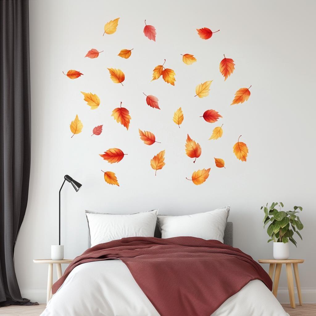 Set of 25 autumn leaves wall decals in warm colors decorating a bedroom wall with cozy bedding.
