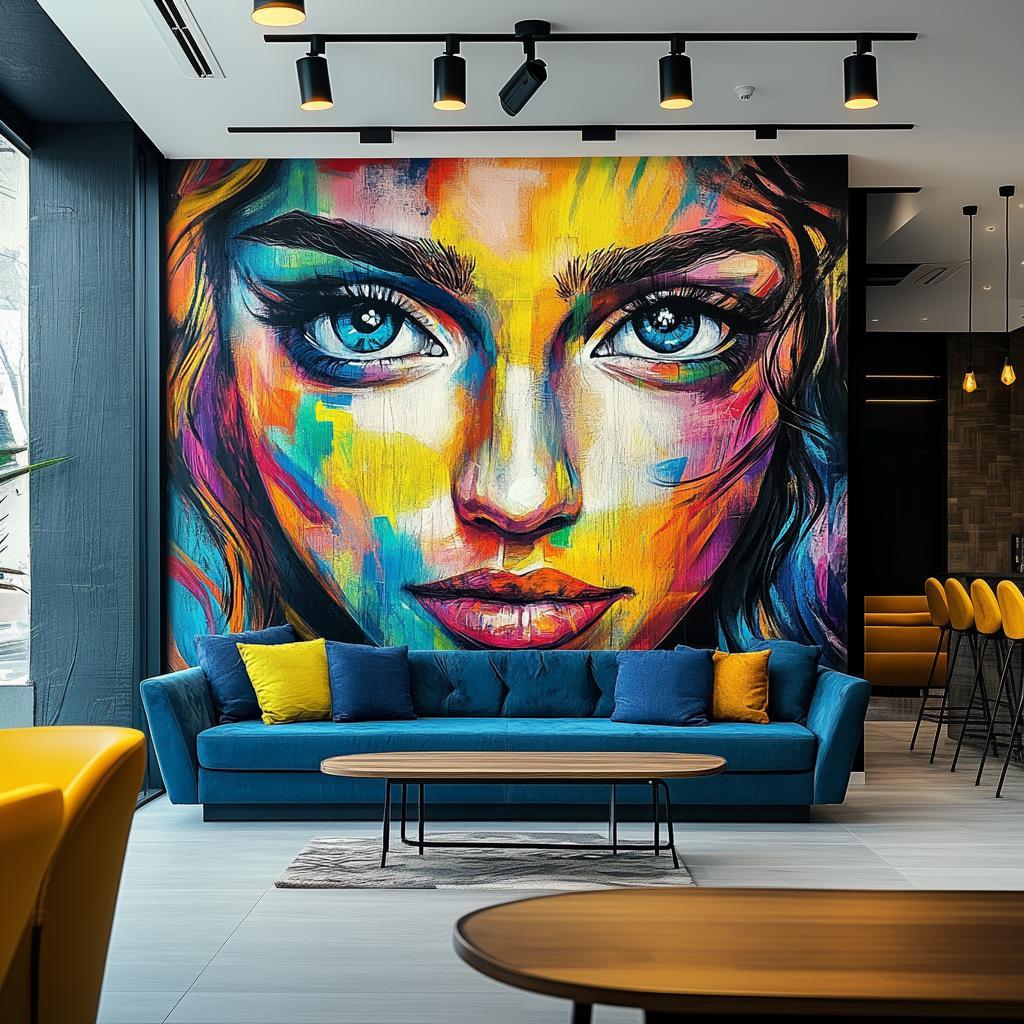 Colorful abstract woman's face wallpaper mural in modern living room, vibrant peel-and-stick vinyl wall art.