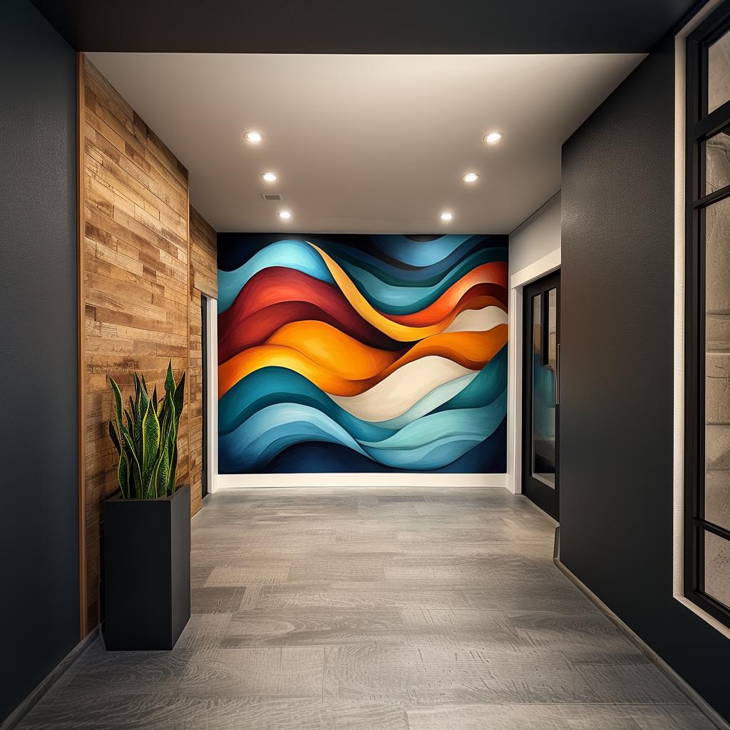 Colorful abstract waves wallpaper mural in modern hallway, enhancing decor with vibrant design and dynamic style.