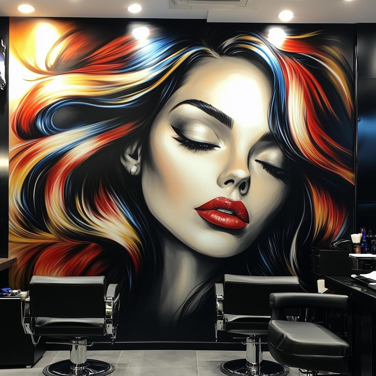 Bold woman's portrait mural with vibrant hair colors in a modern barber shop setting.