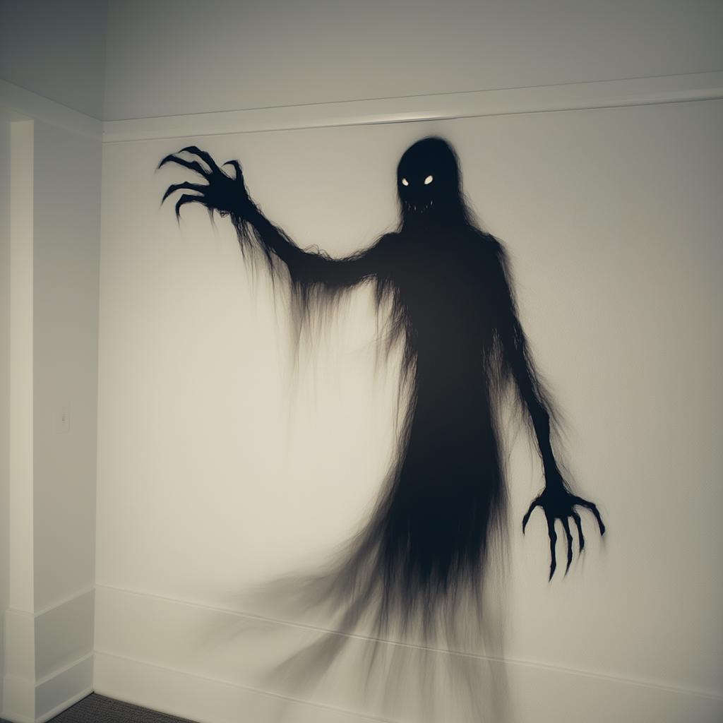 Eerie spooky shadow wall sticker featuring a ghostly figure with glowing eyes and long claws for Halloween decor.