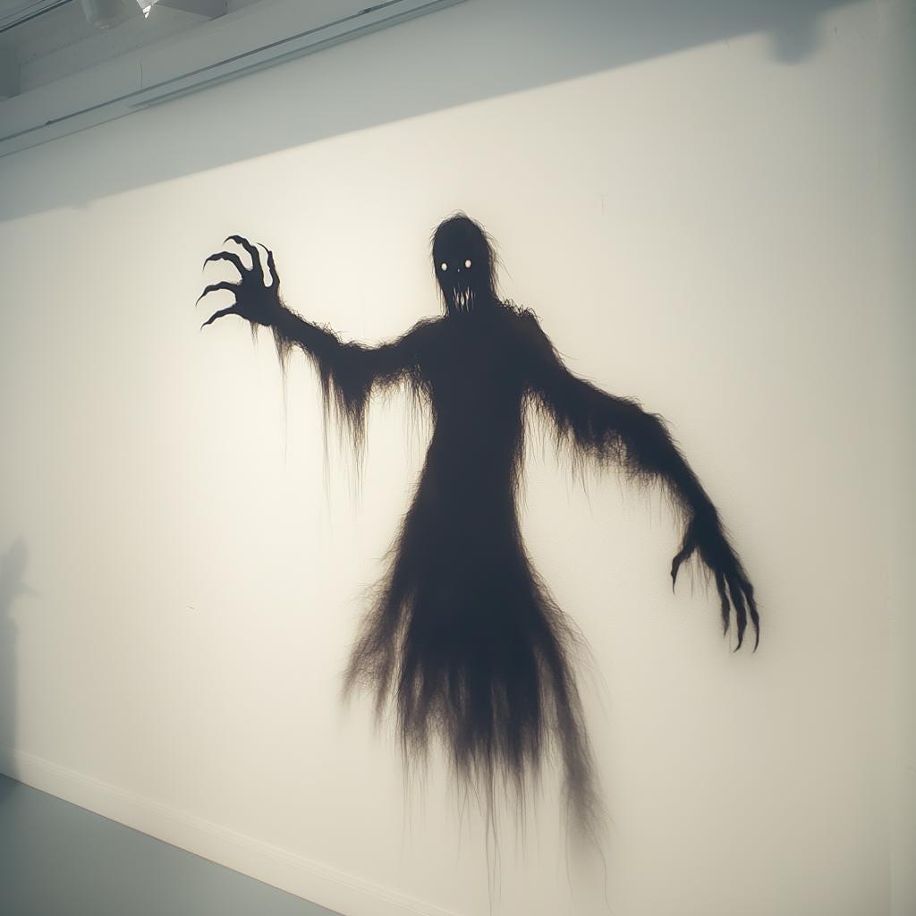 Creepy ghostly shadow wall sticker with glowing eyes and long arms, ideal for Halloween decor.