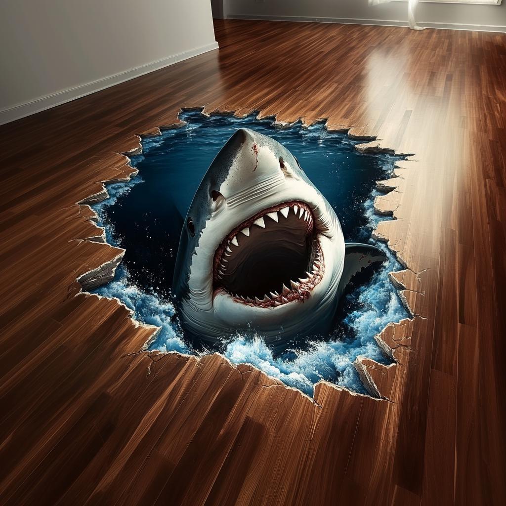 3D shark floor sticker with realistic vinyl design creating a stunning ocean scene on wooden flooring.