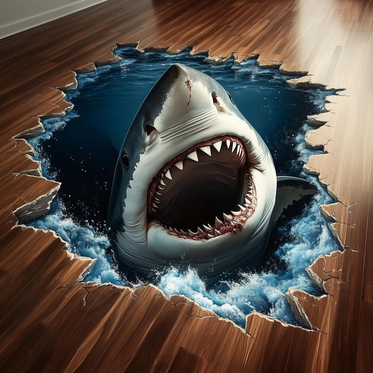 3D shark floor sticker with a realistic design creating a thrilling ocean scene on wooden vinyl flooring.