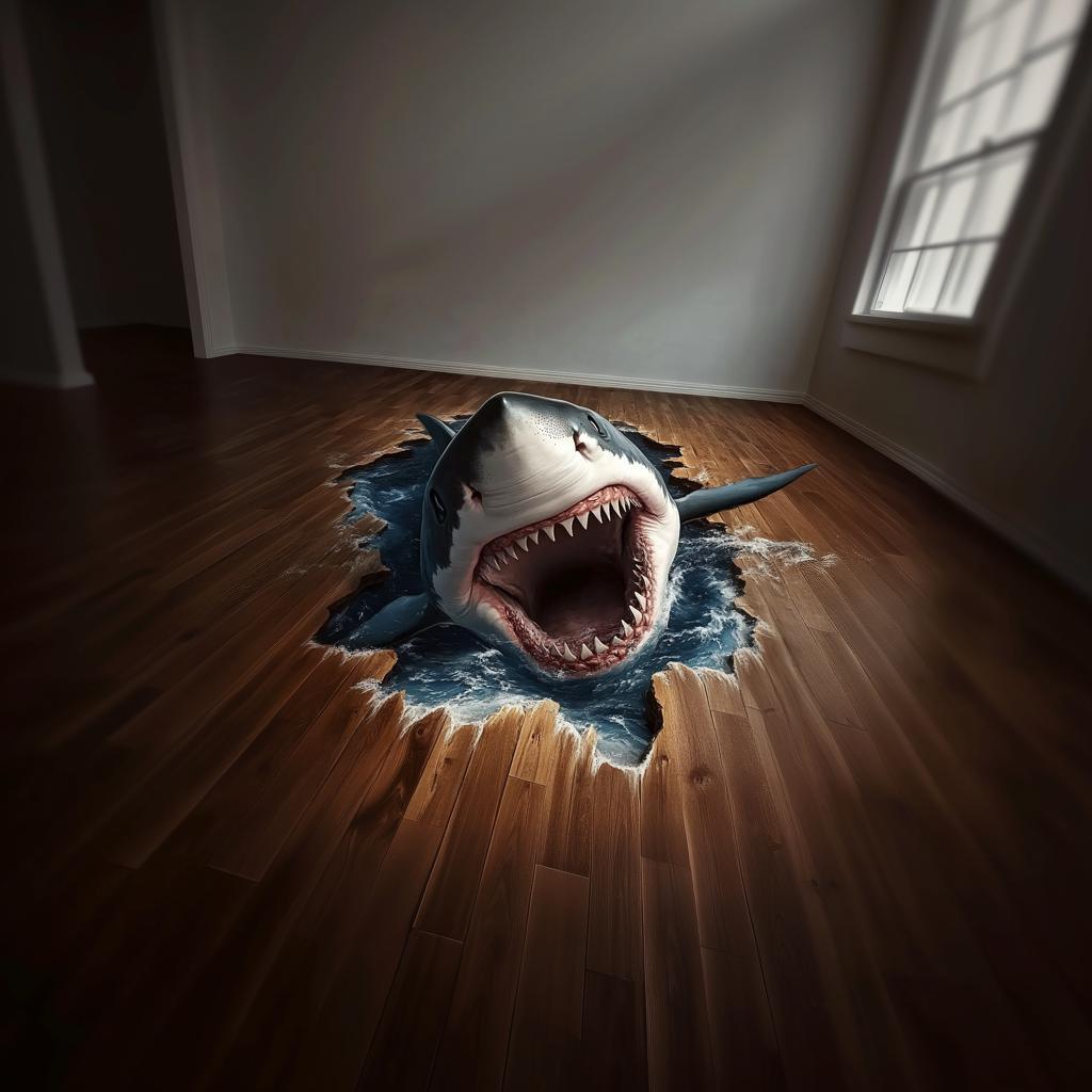 Realistic 3D shark floor sticker breaking through wood floor, ocean themed wall art for home decor.