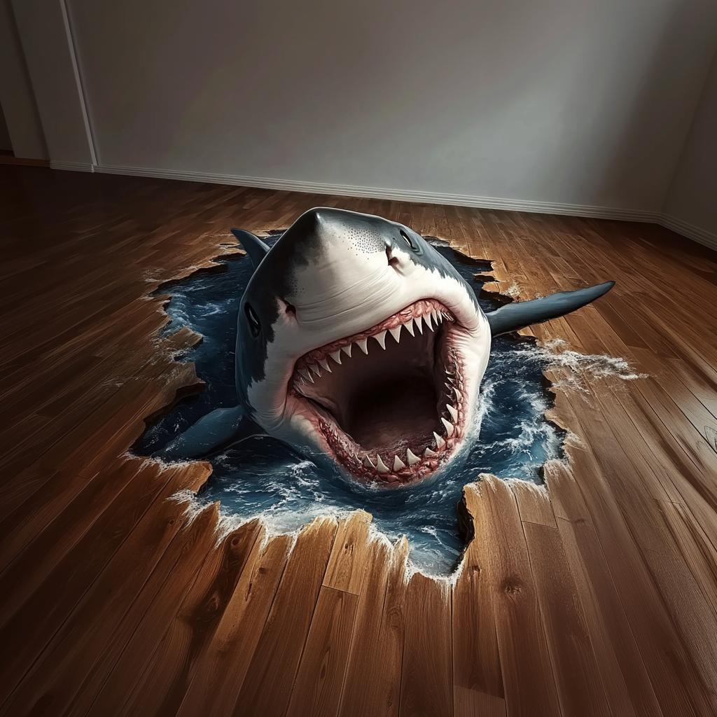 Realistic 3D shark floor sticker breaking through wooden floor, ocean-themed home decor.