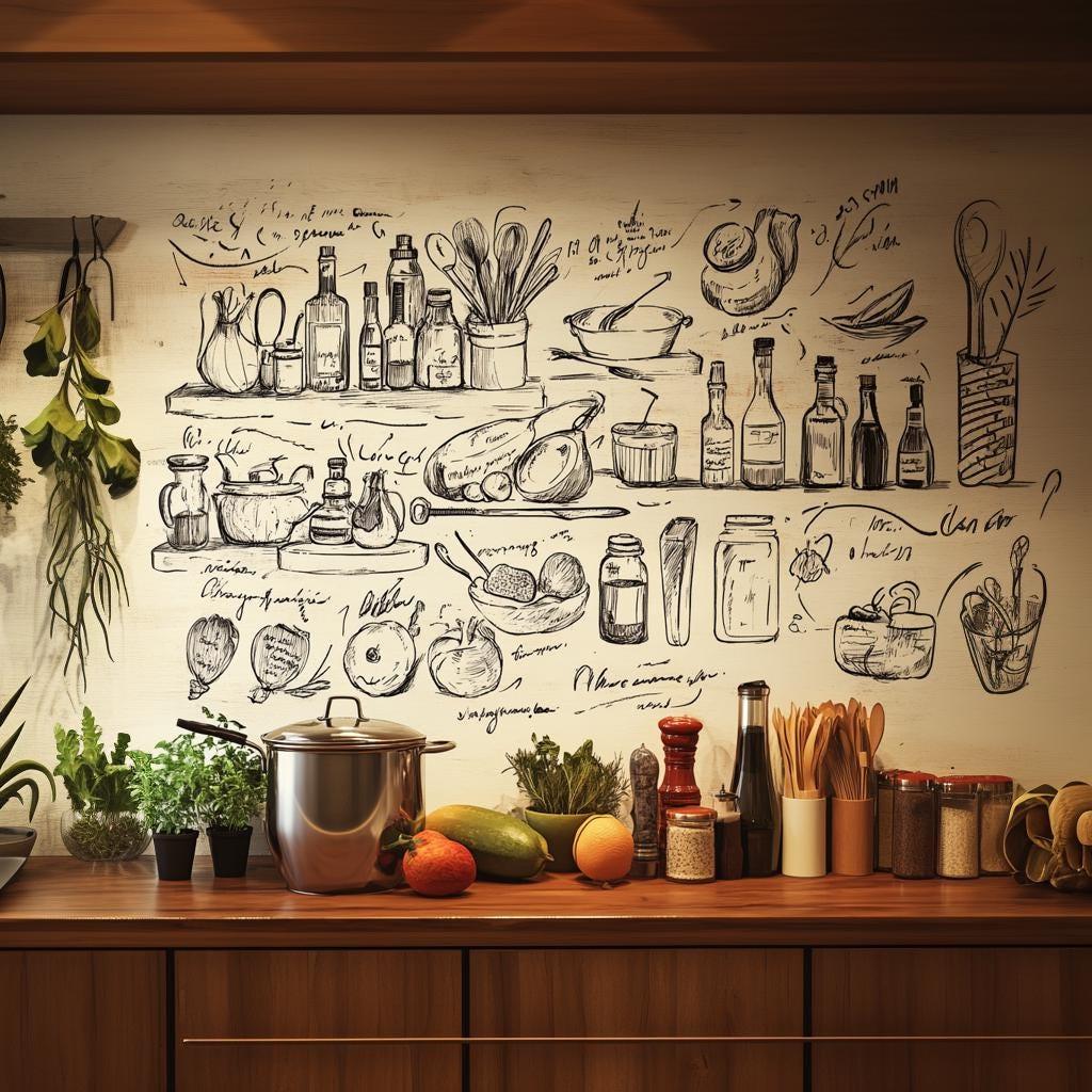 Black kitchen illustration wall sticker featuring hand-drawn cooking-themed designs on transparent vinyl.