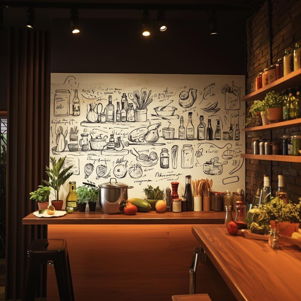 Stylish black kitchen illustration wall sticker featuring cooking-themed hand-drawn designs on transparent vinyl.