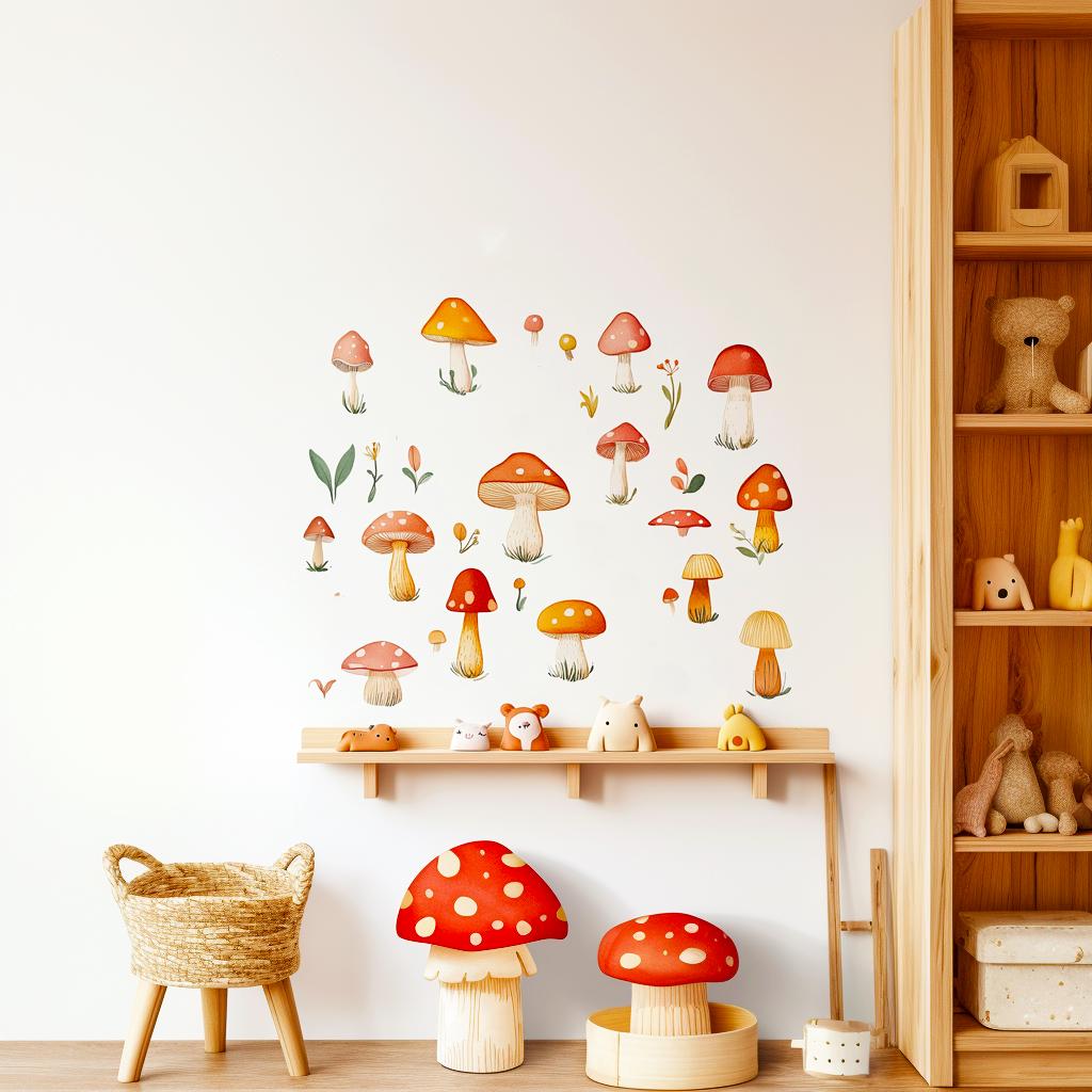 Colorful mushroom wall decals for kids room, featuring red and orange mushrooms and delicate foliage.