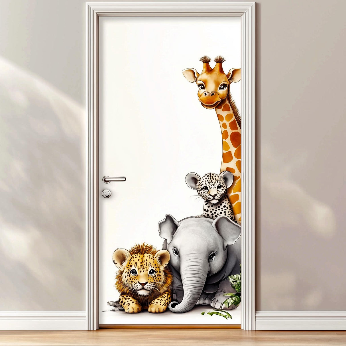 Jungle Animal Door Sticker | Baby Giraffe, Lion, Elephant, Leopard Wall Decal | Cute Animal Door Art for Nursery Kids Room Vinyl Sticker