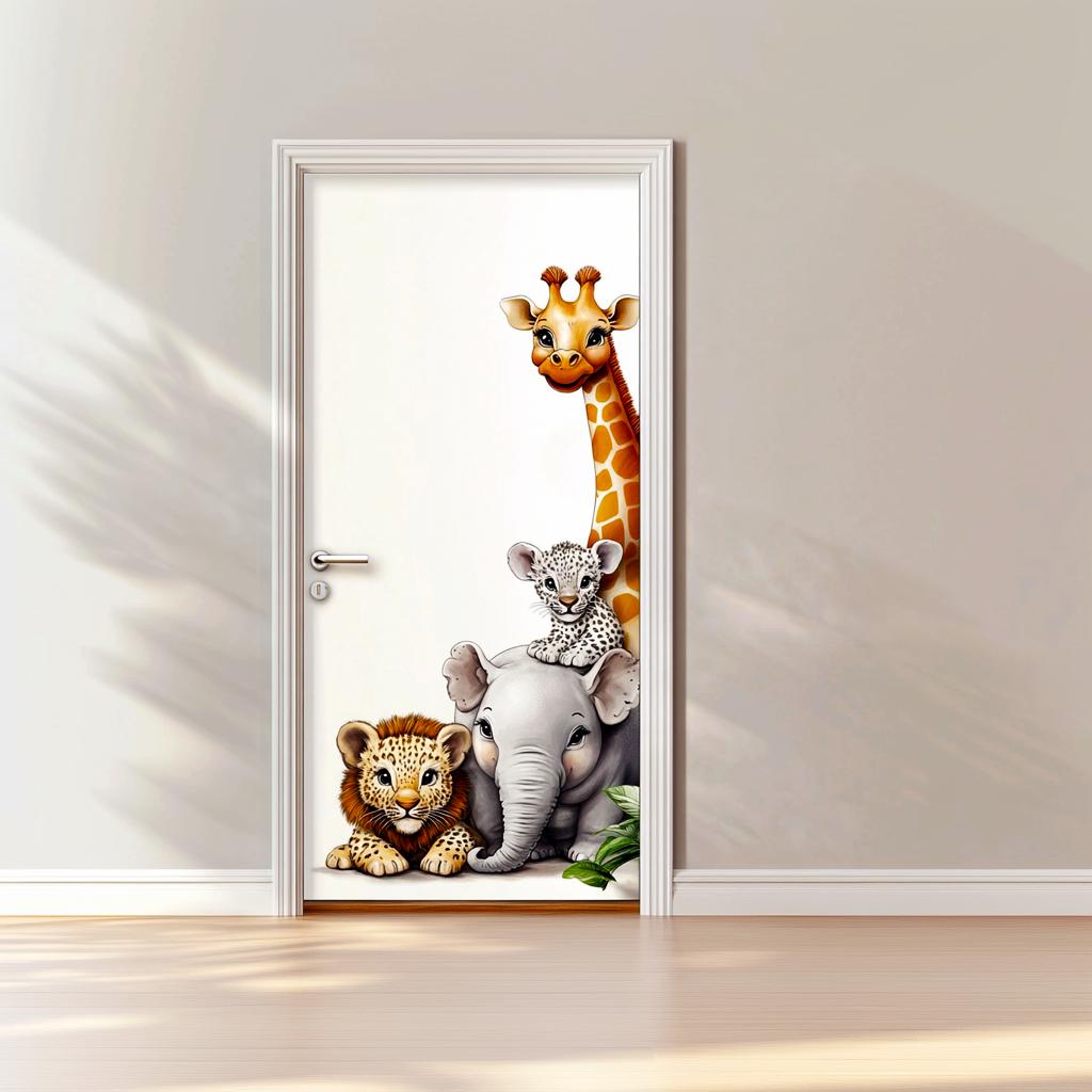 Safari animal door sticker featuring baby giraffe, lion, elephant, and leopard for kids' room decor.