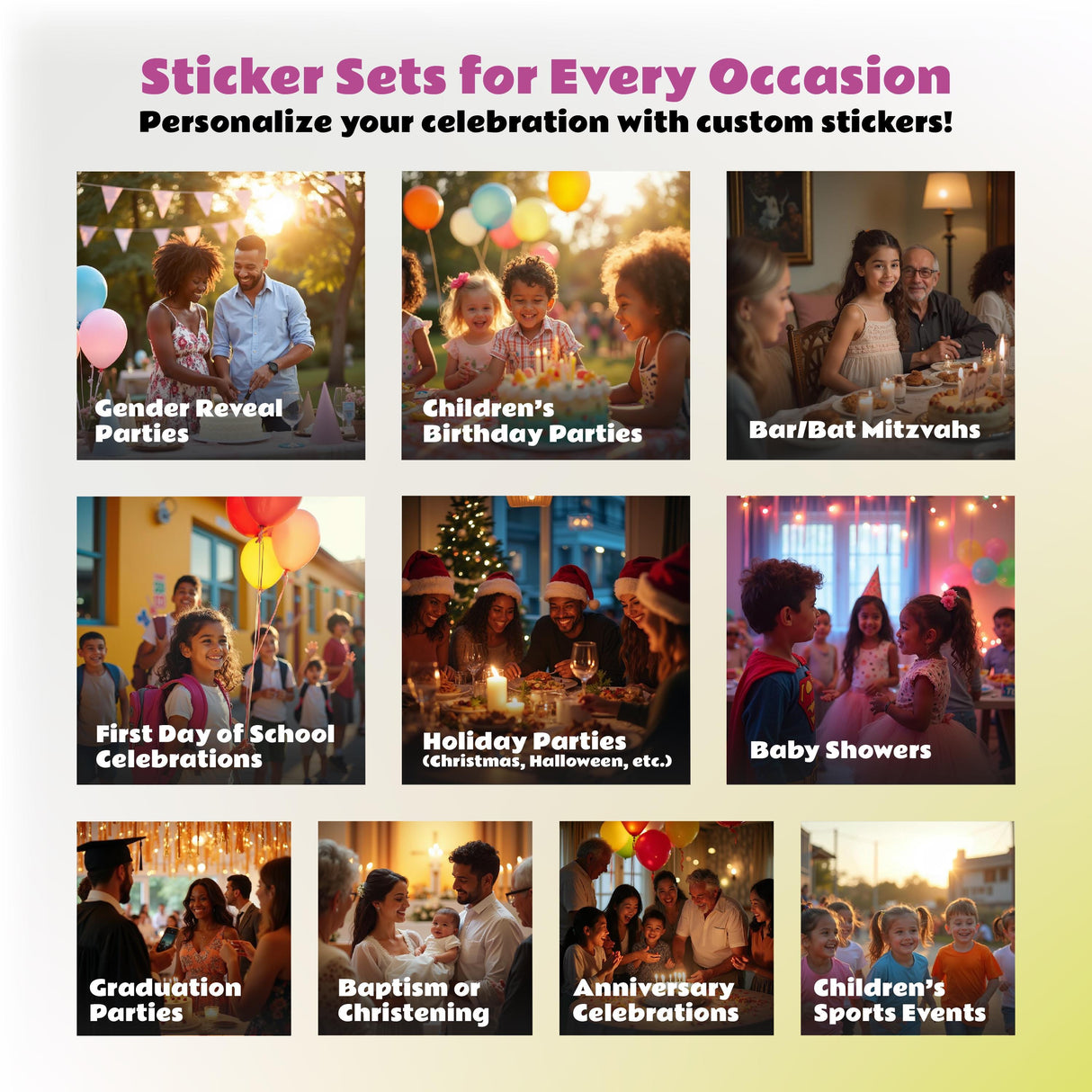 Collage of various party celebrations featuring custom sticker sets for occasions like birthdays and holidays.