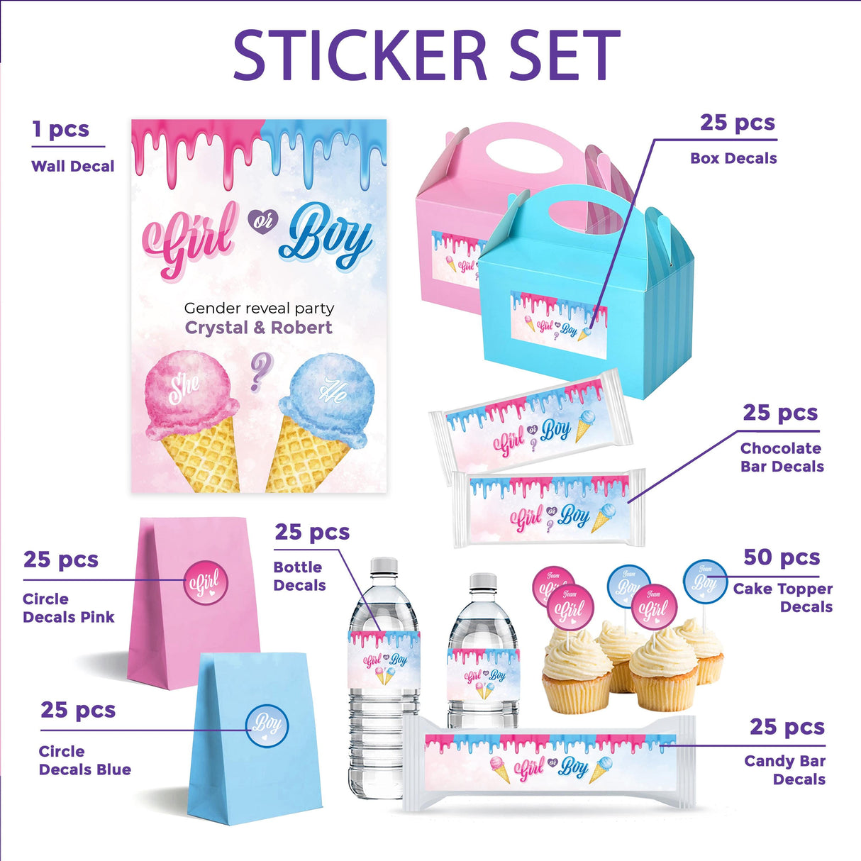 Colorful gender reveal party sticker set featuring ice cream theme decals for various decorations and favors.