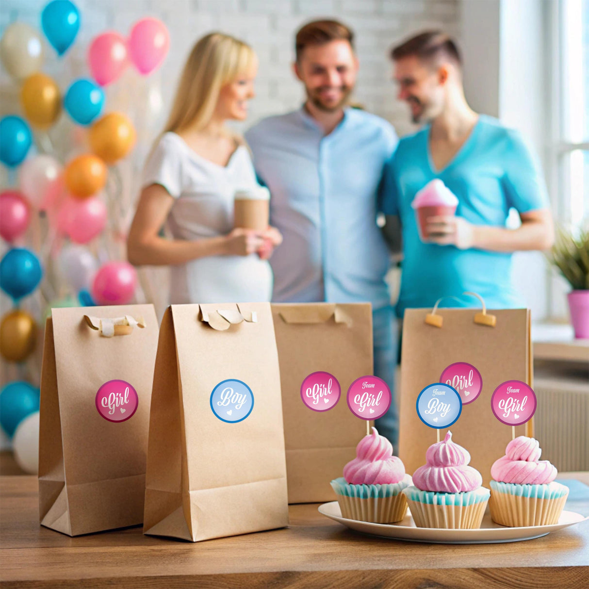 Gender reveal party with personalized ice cream-themed decals on gift bags and cupcakes in a festive setting.