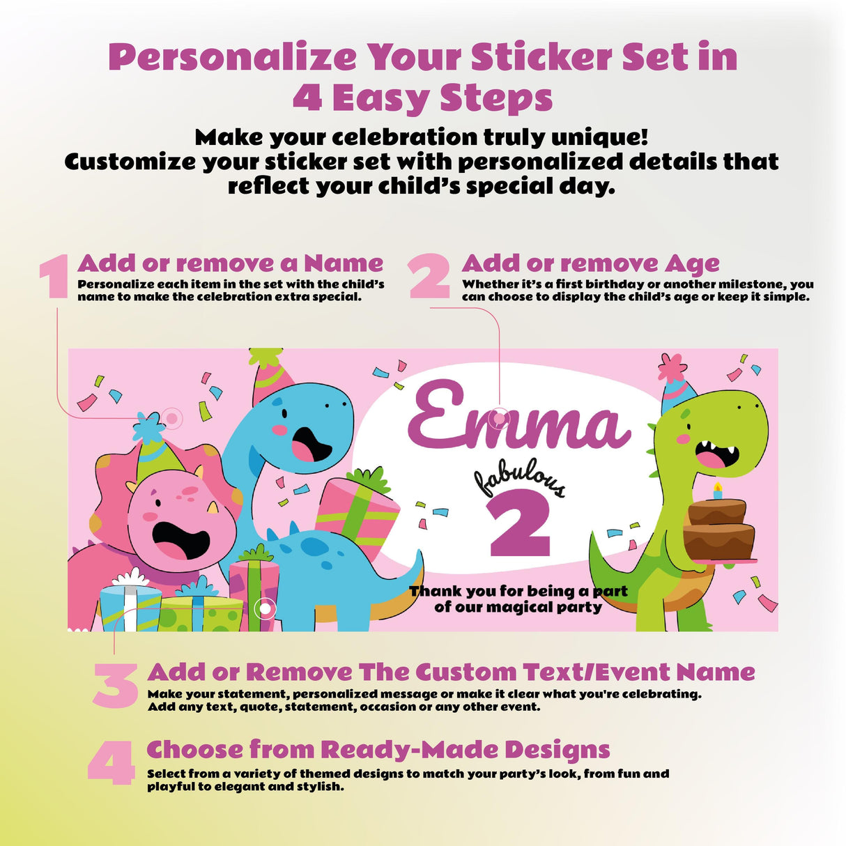 Dinosaur Themed Personalized Kids Birthday Sticker Set | Custom Girl Name Age Party Decor Decals | Birthday Decoration Kit | Party Favor *!