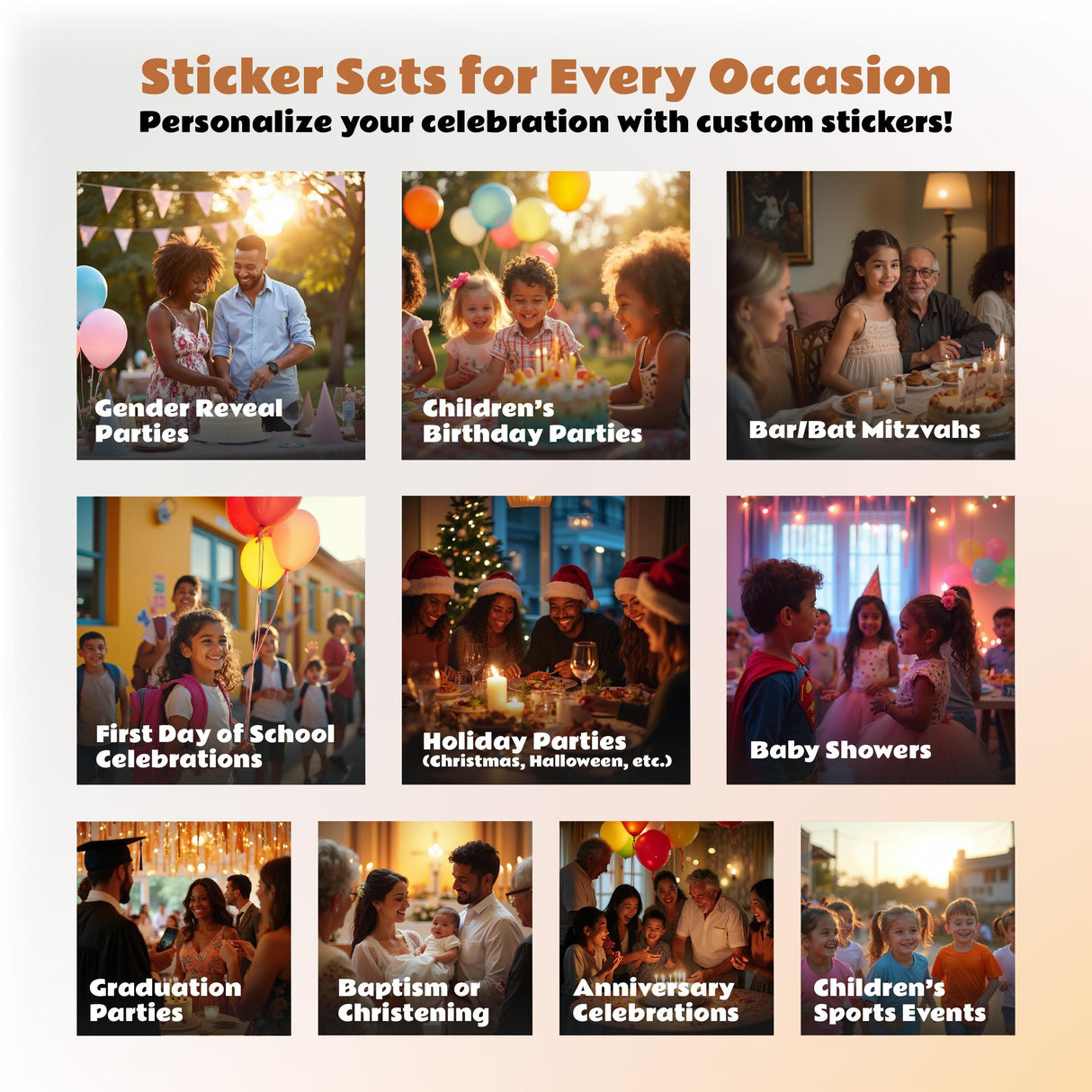Collage of diverse celebrations showcasing personalized sticker sets for various occasions like birthdays and baby showers.