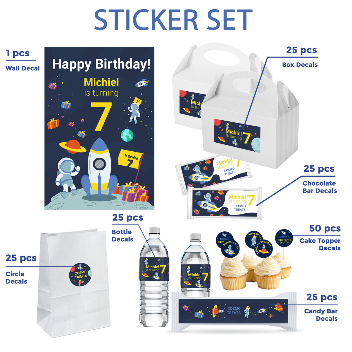 Personalized space-themed birthday decal set featuring wall, box, bottle, and treat decals with astronaut and rocket designs.