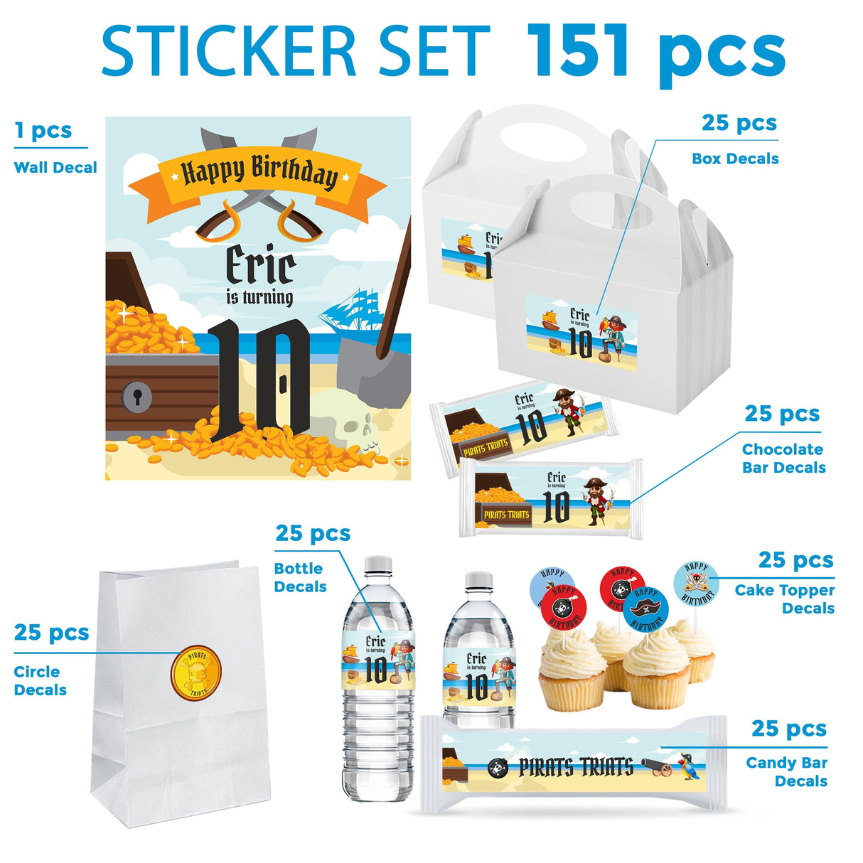 Pirate Birthday Party Decal Set | Personalized Name Age Decor Stickers | Treasure Pirate Theme Labels | DIY Boys Birthday Decorations *!